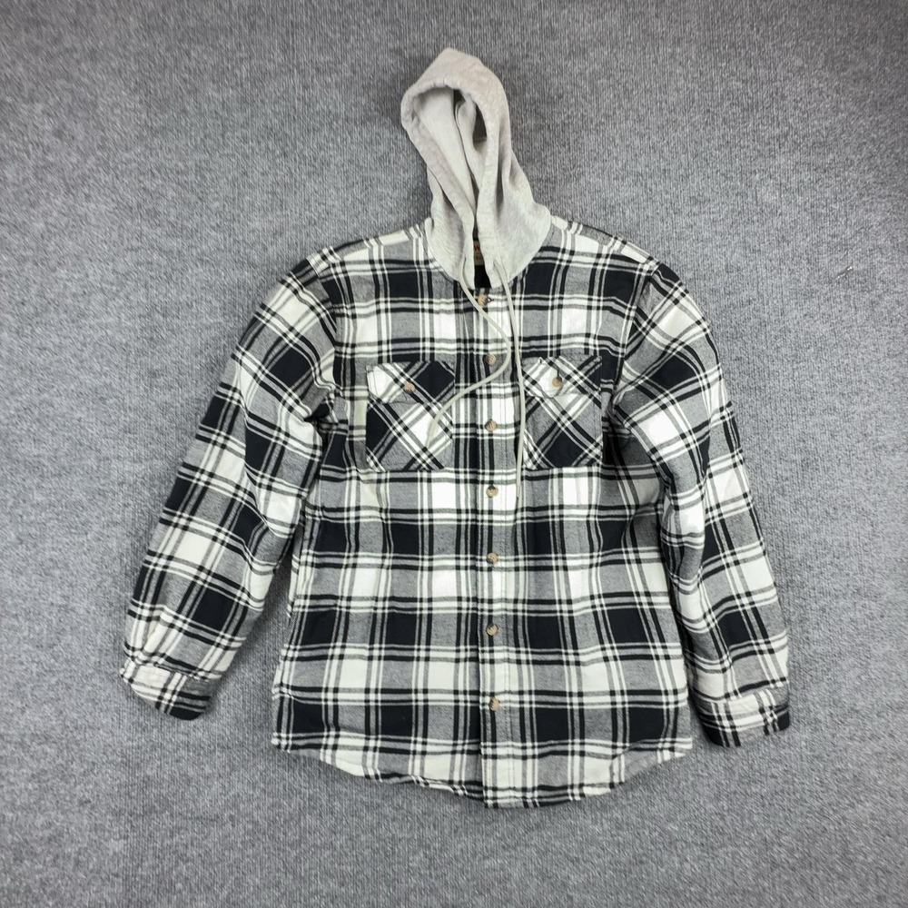 Wrangler Jacket Mens Medium Black Plaid Hooded Quilted Flannel Shacket